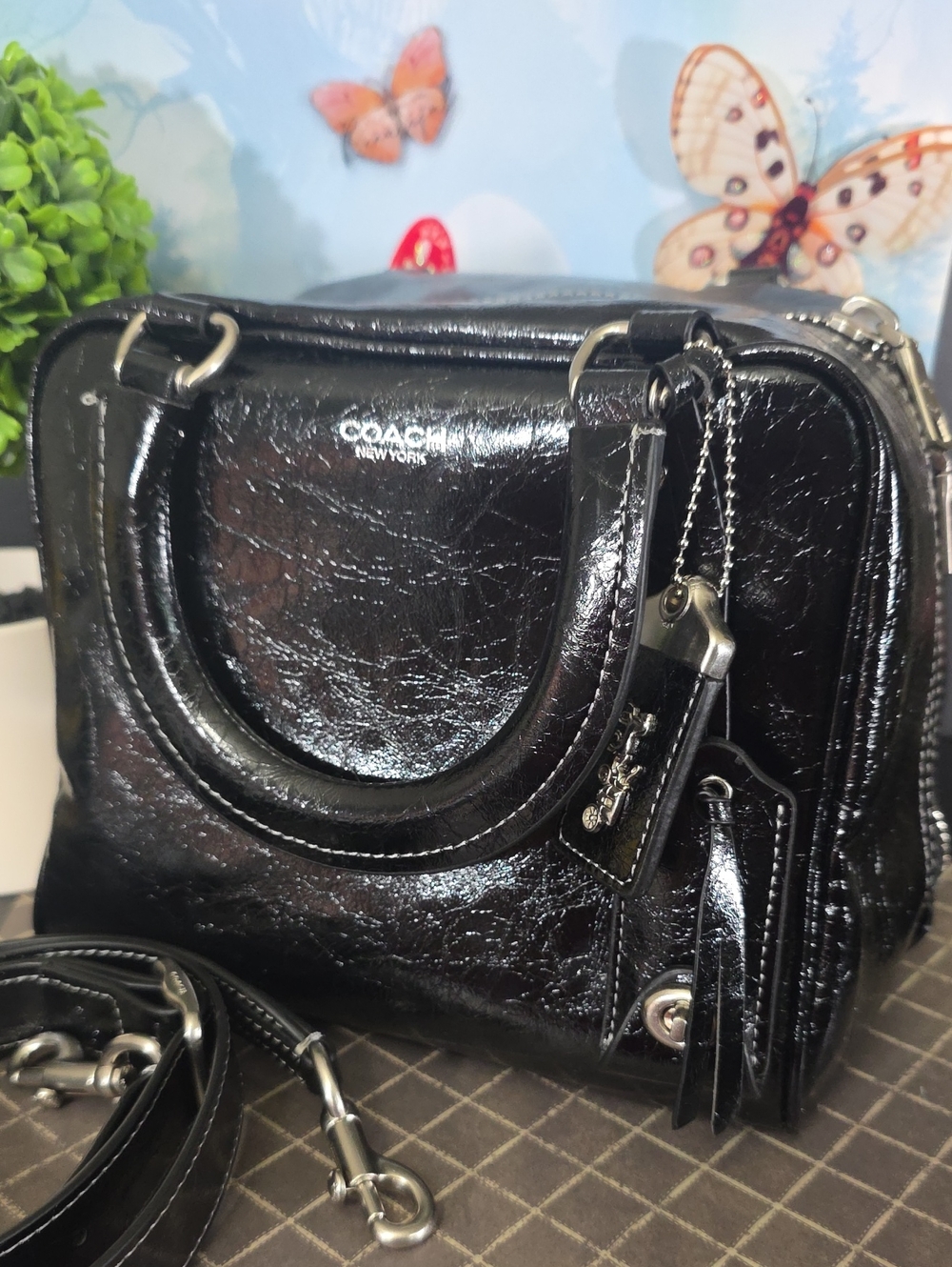 COACH cube bag in glossy black  leather satchel.